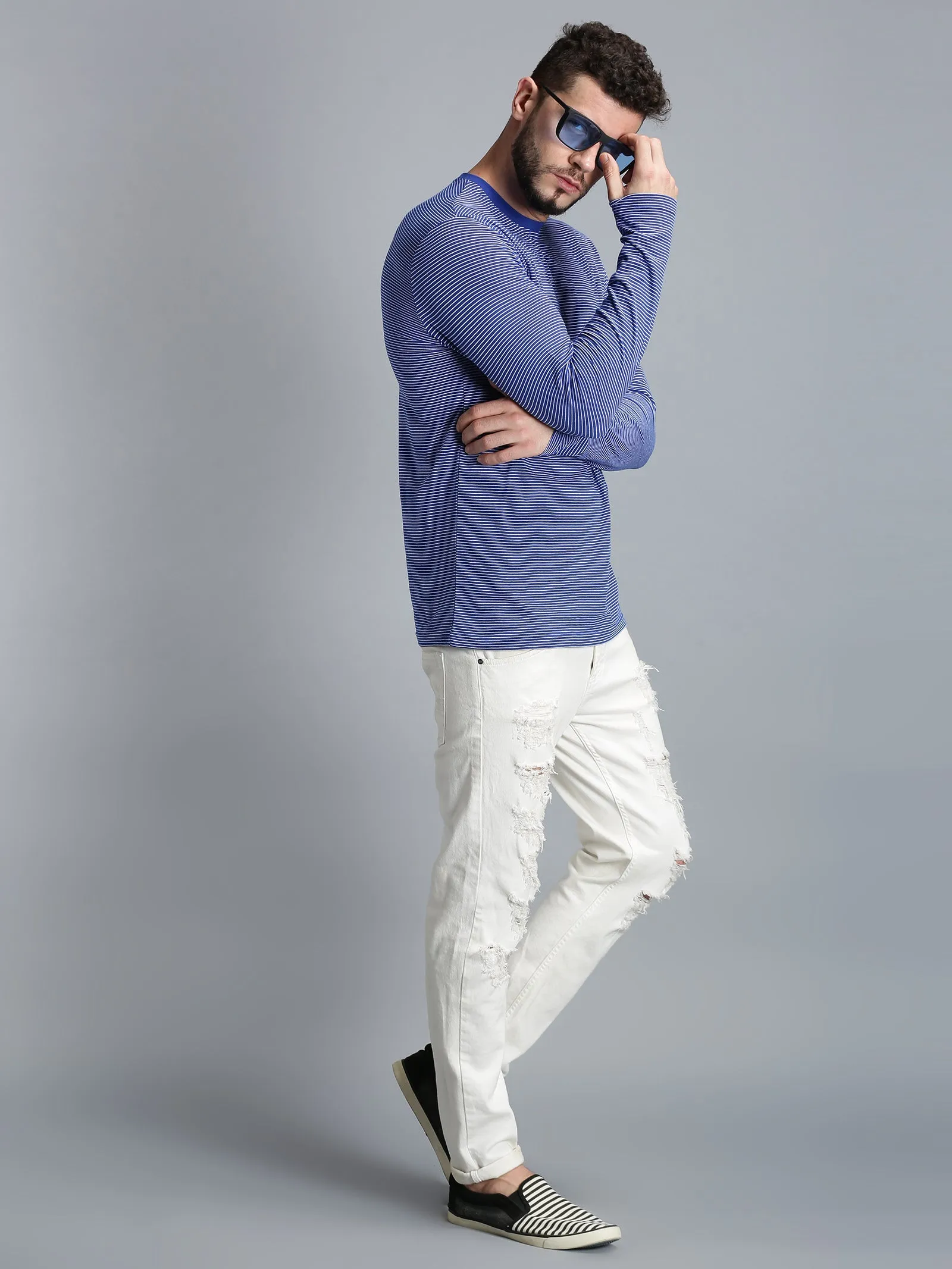 Men Blue White Yarn Dyed Stripes Round Neck Recycled Cotton Full Sleeve Regular Fit Casual T-Shirt