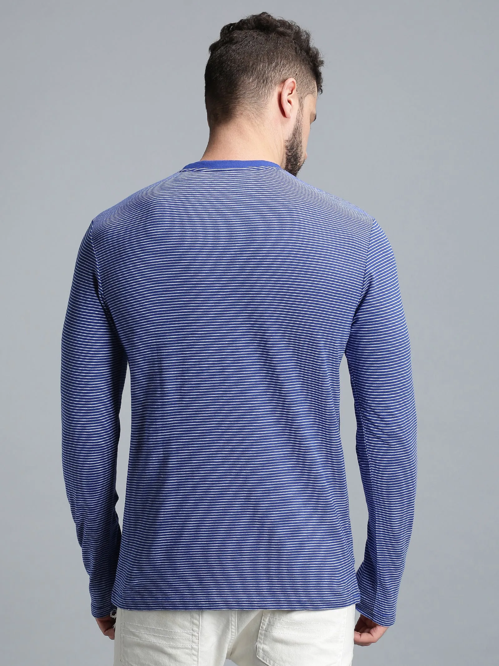 Men Blue White Yarn Dyed Stripes Round Neck Recycled Cotton Full Sleeve Regular Fit Casual T-Shirt