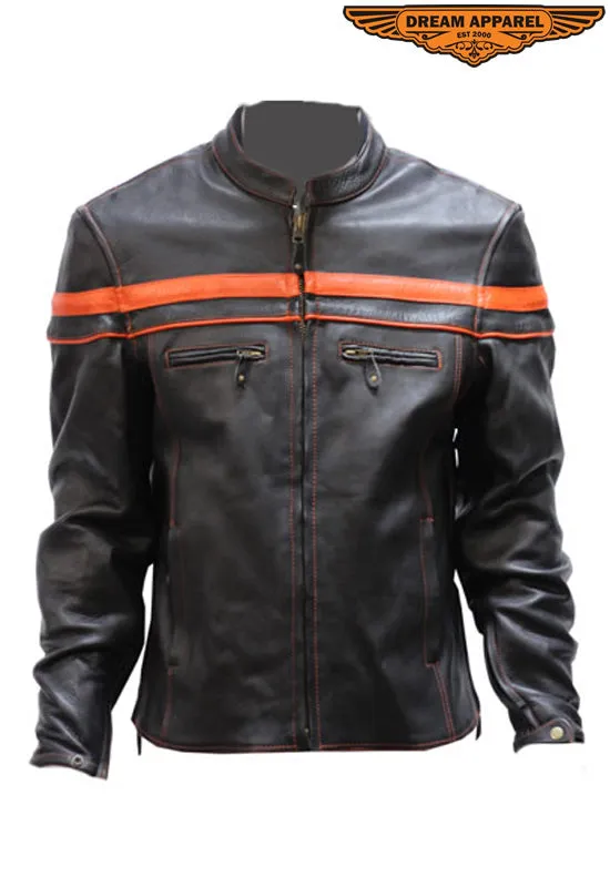 Mens Leather Jacket With Orange Stripes