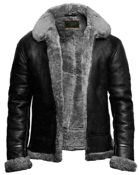 Men's RAF Aviator B3 Flying Bomber Sheep Skin Real Leather Jacket Black Grey