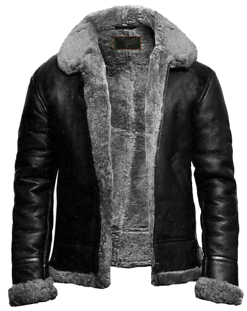 Men's RAF Aviator B3 Flying Bomber Sheep Skin Real Leather Jacket Black Grey