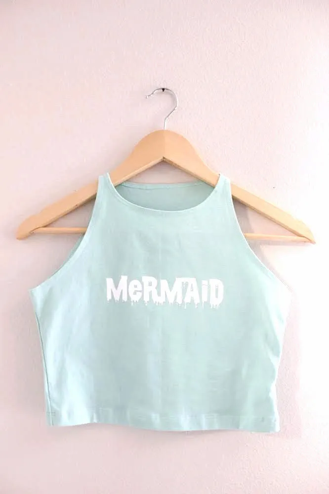 Mint Green Drippy Mermaid Halter Crop Tank