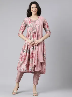 Neerus Pink Pleated Straight Floral Kurta And  Trousers With Dupatta