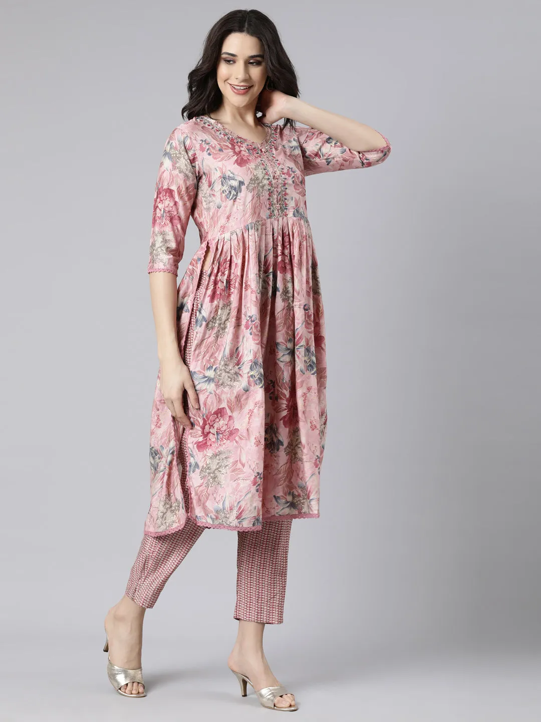 Neerus Pink Pleated Straight Floral Kurta And  Trousers With Dupatta