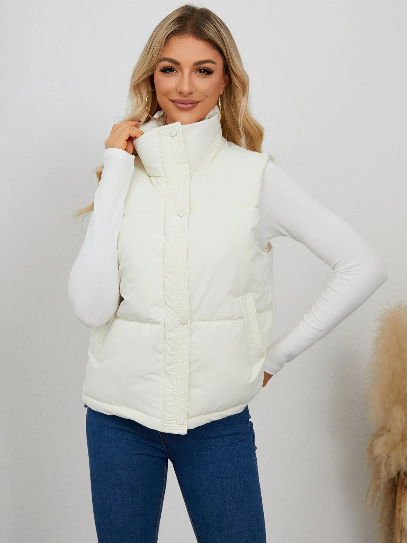 Padded Stand Collar Vest Sleeveless Jacket