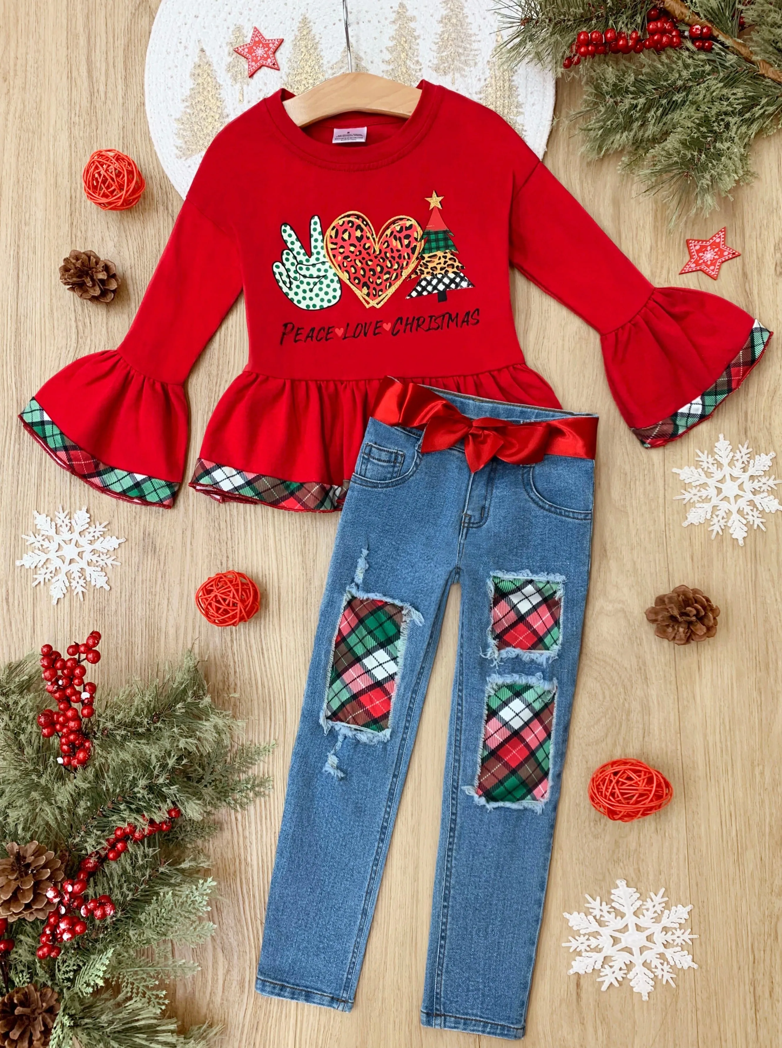 Peace, Love, Christmas Patched Jean Set