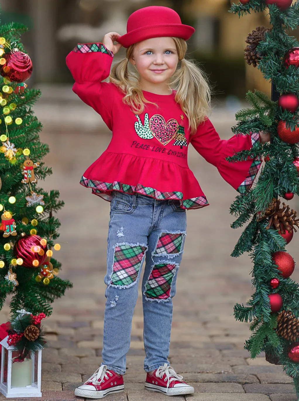 Peace, Love, Christmas Patched Jean Set