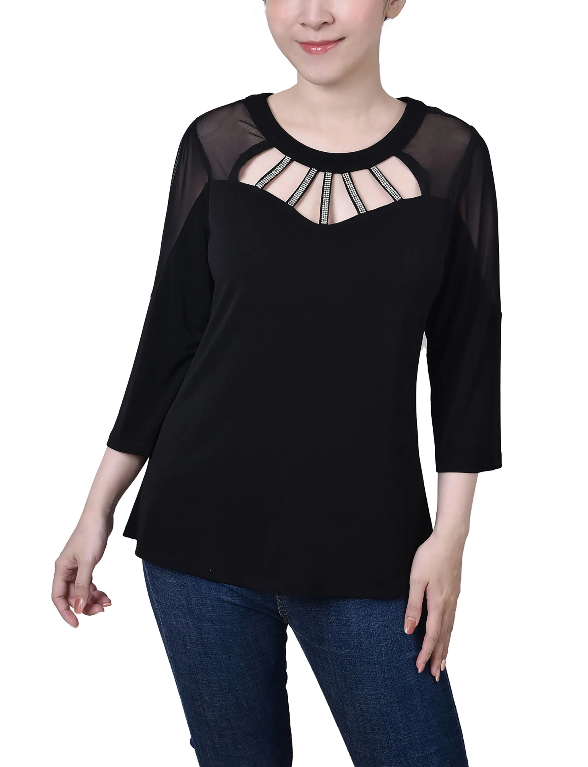 Petite 3/4 Sleeve Top With Neckline Cutouts and Stones