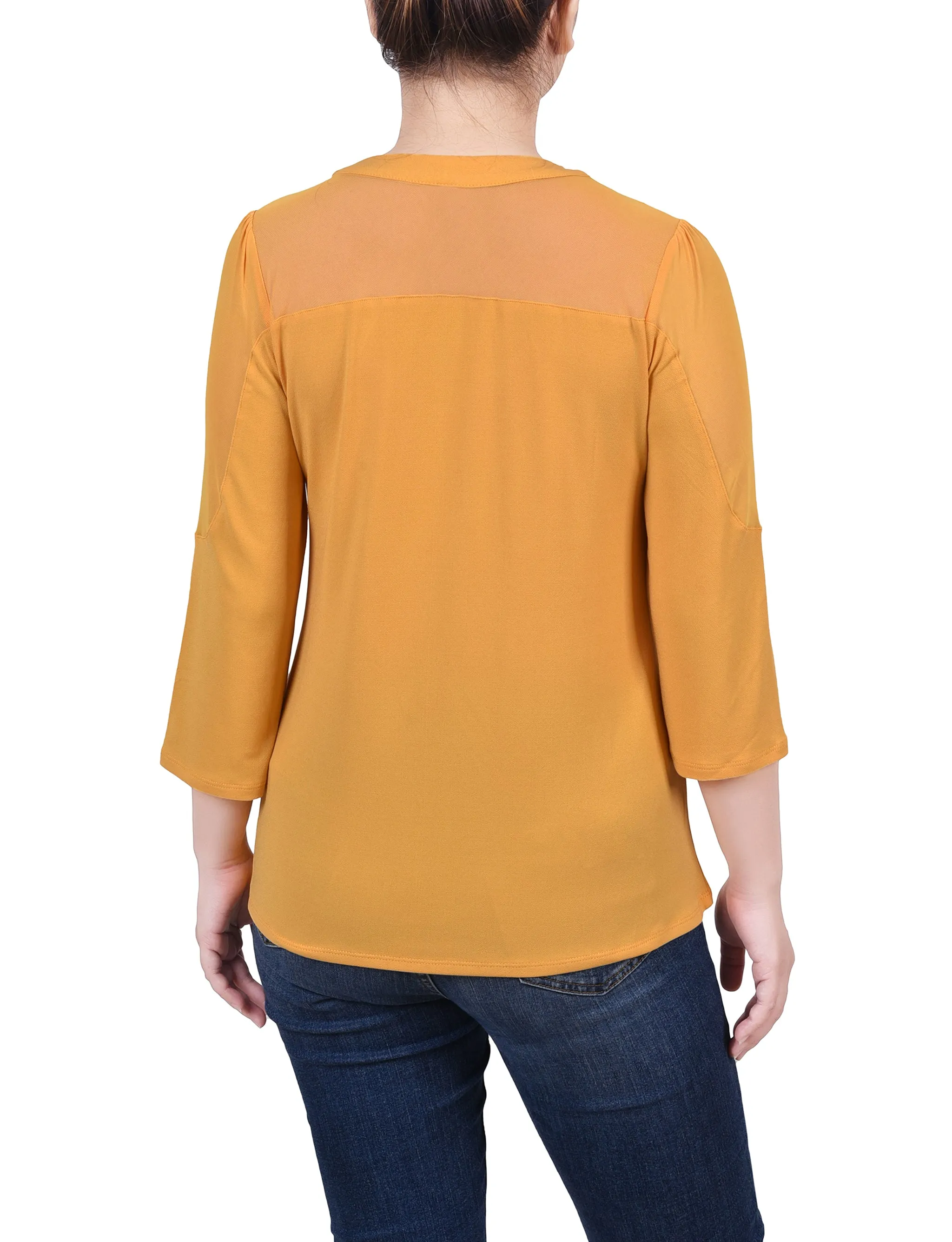 Petite 3/4 Sleeve Top With Neckline Cutouts and Stones