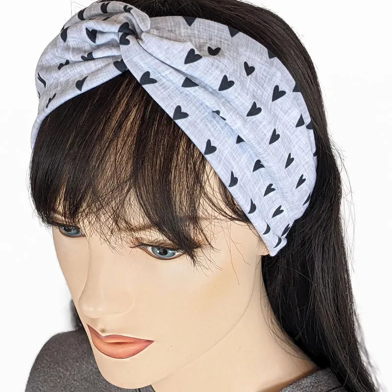 Premium, wide turban style comfy wide jersey knit  headband, black hearts on grey