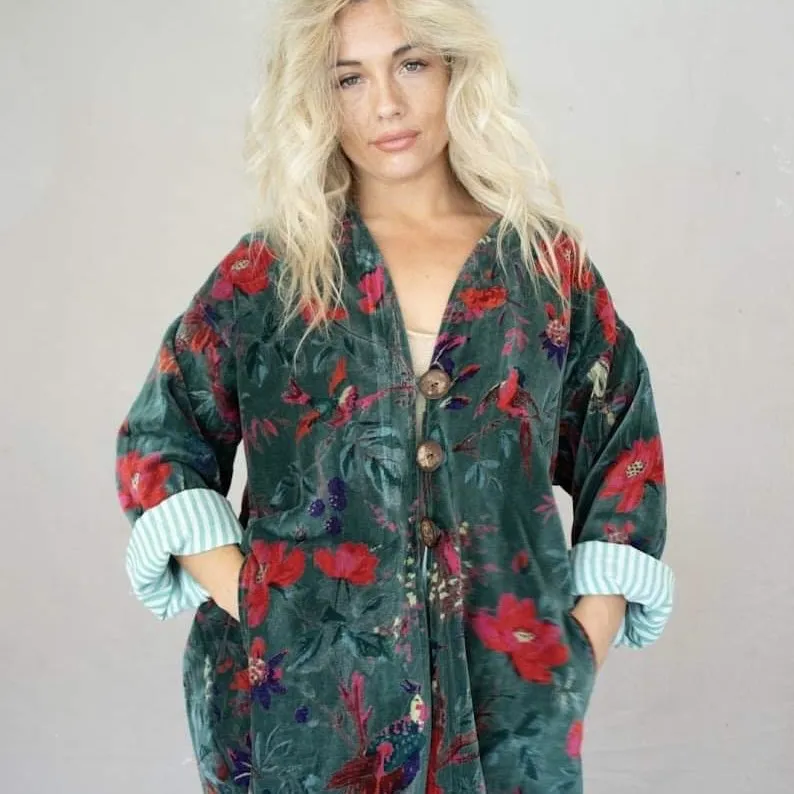 Printed Velvet Jacket – Moss (L, XL)