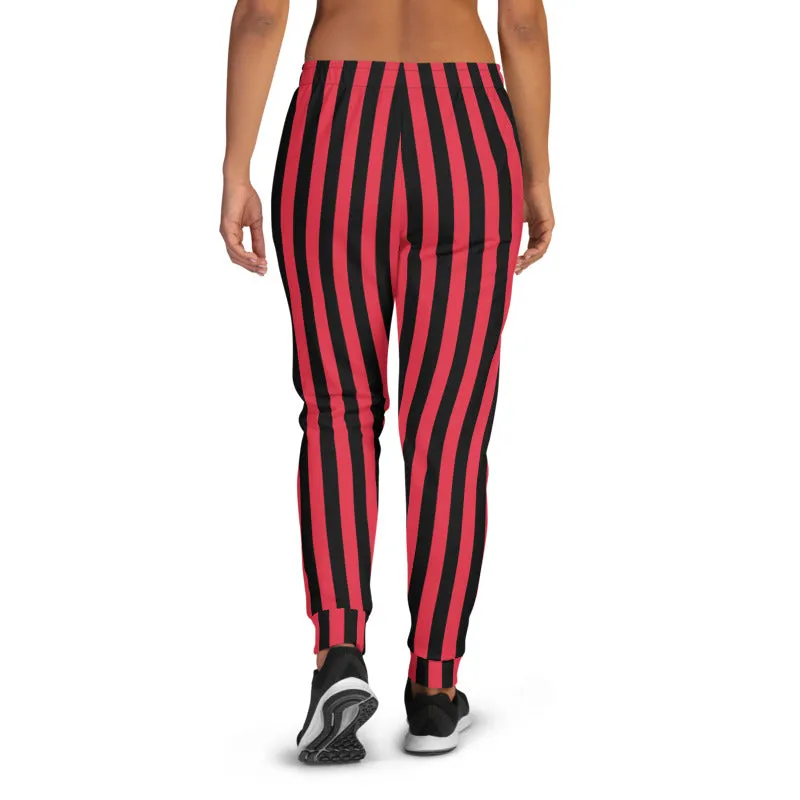 Red Black Striped Women's Joggers, Vertical Stripes Circus Casual Sweatpants-Made in EU