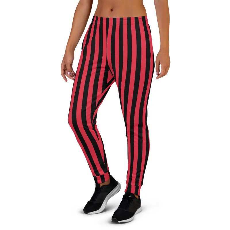 Red Black Striped Women's Joggers, Vertical Stripes Circus Casual Sweatpants-Made in EU