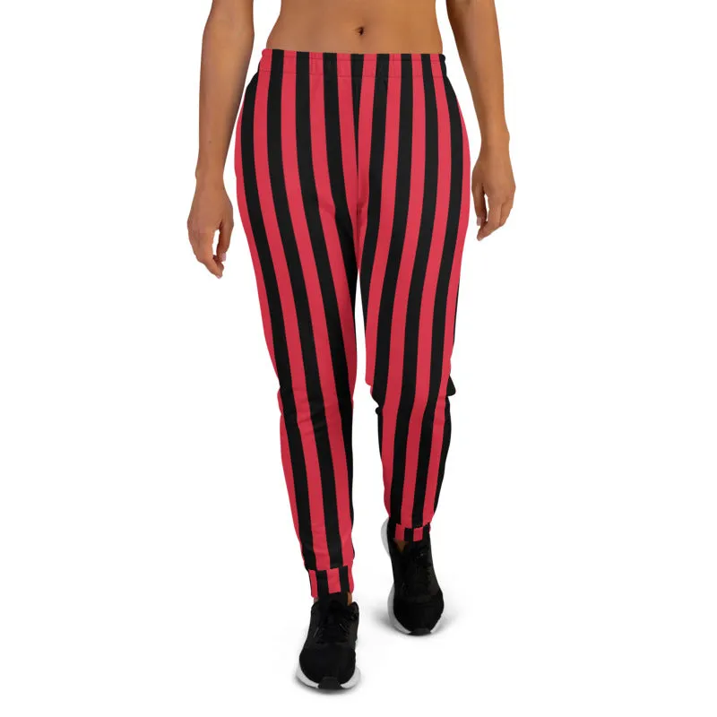 Red Black Striped Women's Joggers, Vertical Stripes Circus Casual Sweatpants-Made in EU