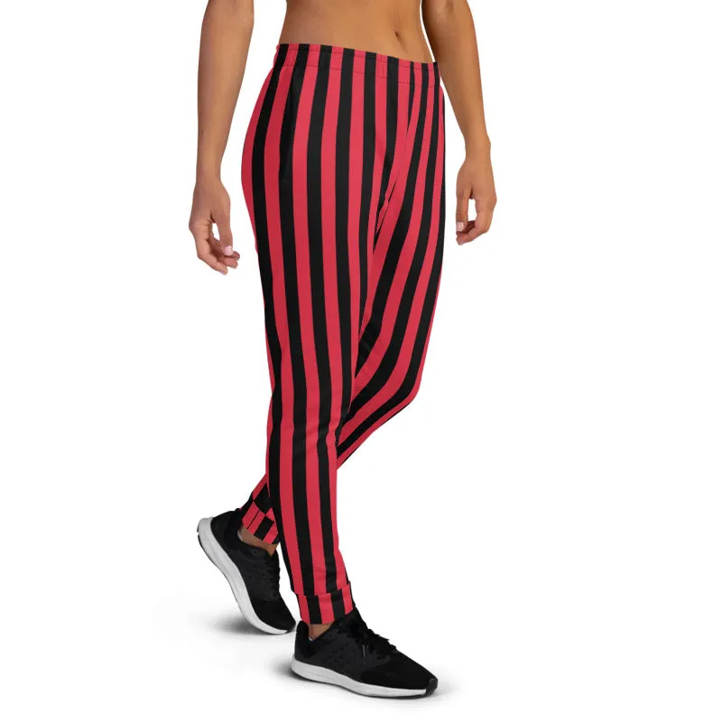 Red Black Striped Women's Joggers, Vertical Stripes Circus Casual Sweatpants-Made in EU