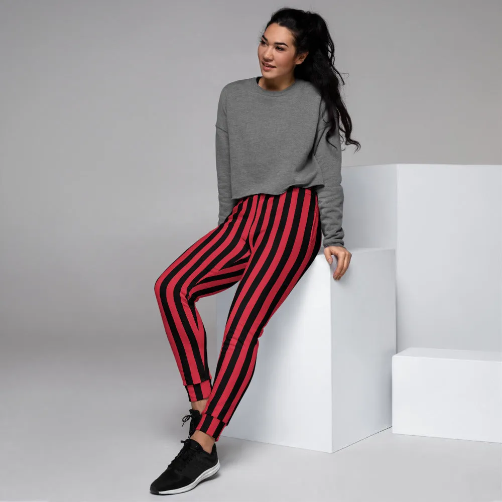 Red Black Striped Women's Joggers, Vertical Stripes Circus Casual Sweatpants-Made in EU