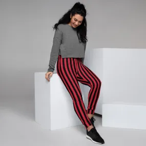 Red Black Striped Women's Joggers, Vertical Stripes Circus Casual Sweatpants-Made in EU