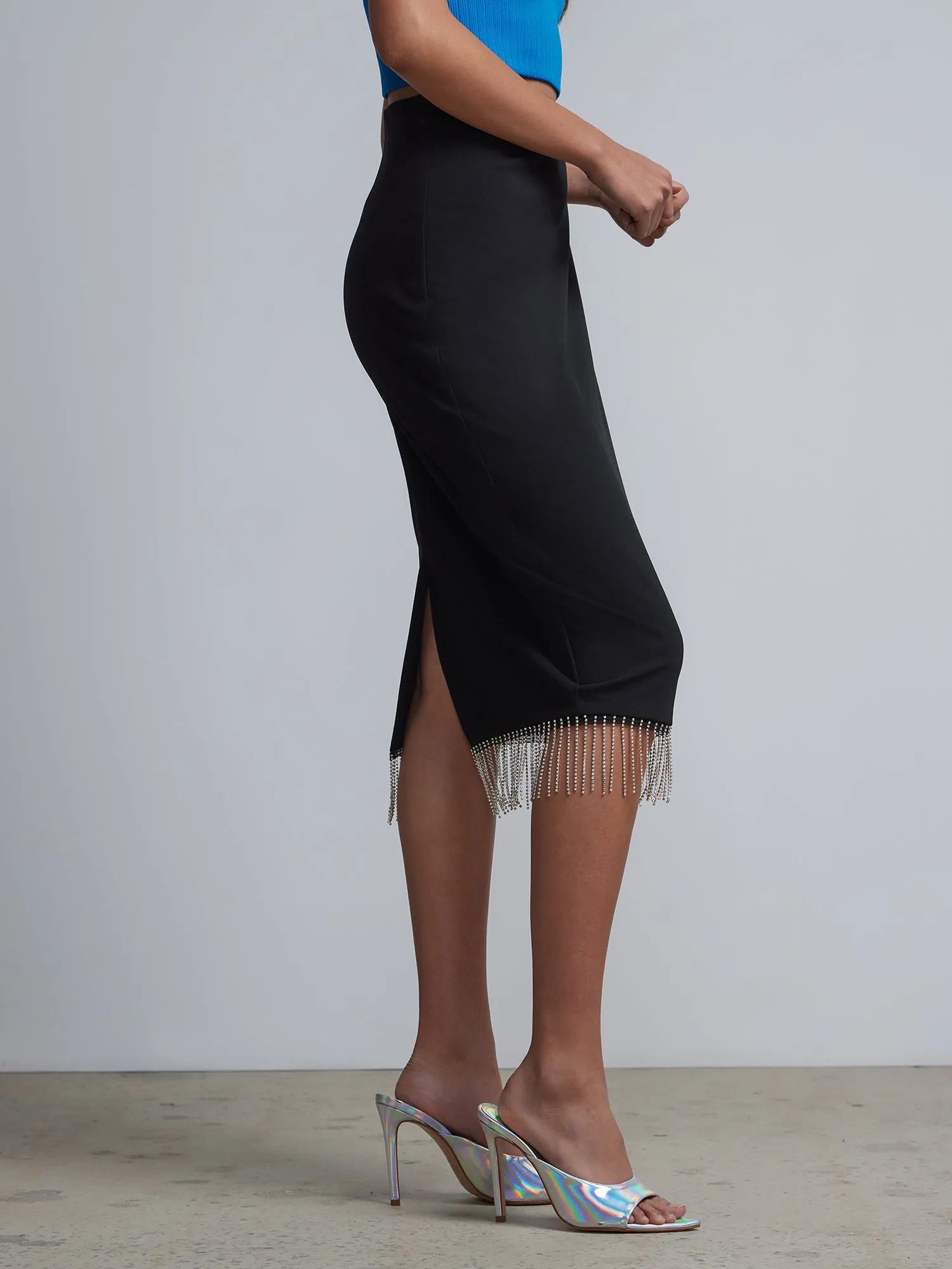 Rhinestone-Fringe Pencil Skirt