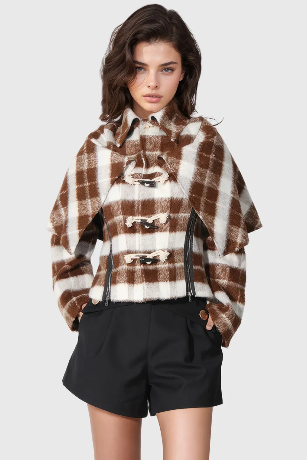 Short Plaid Coat - Brown