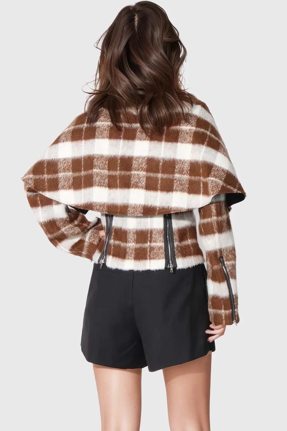 Short Plaid Coat - Brown