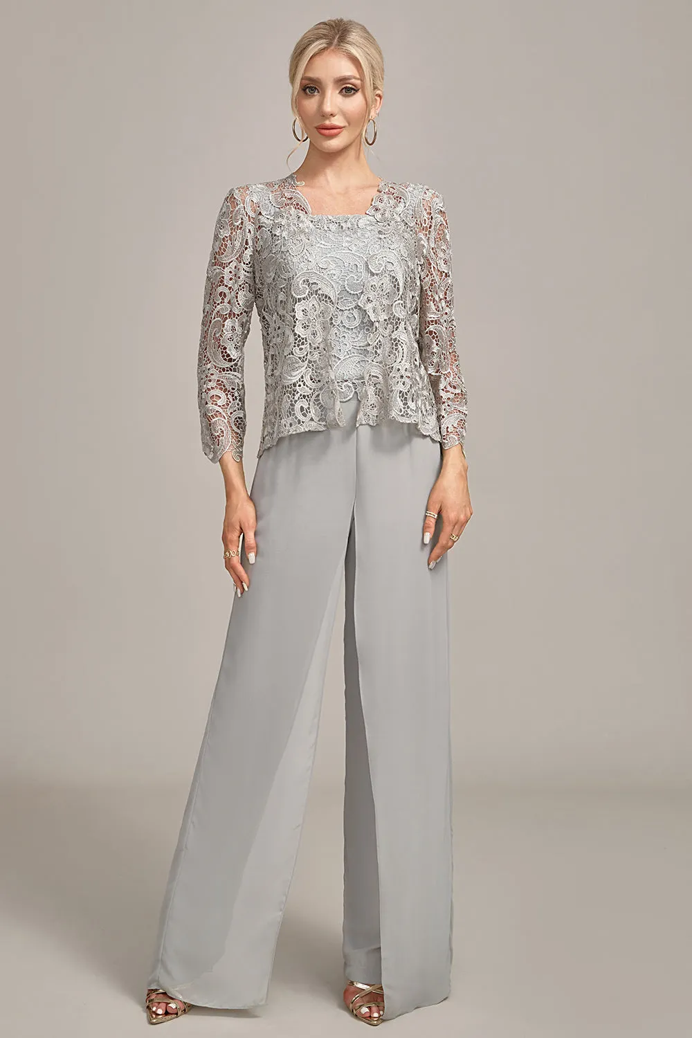 Silver Chiffon Pant and Lace Top Mother of The Bride Wide Pant Suits