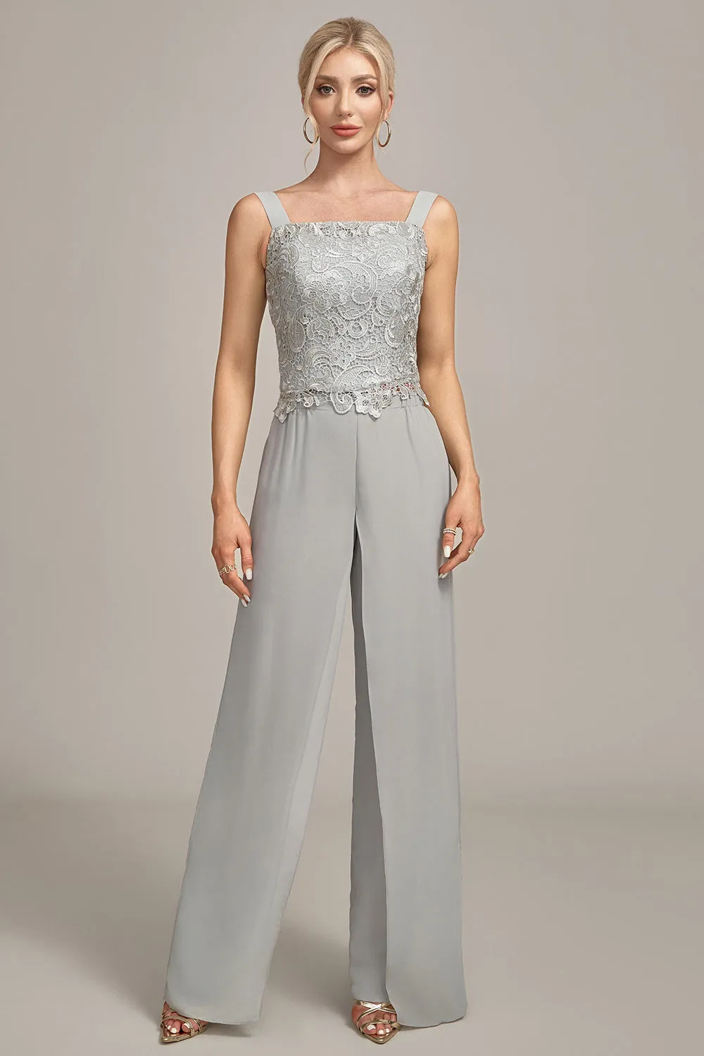 Silver Chiffon Pant and Lace Top Mother of The Bride Wide Pant Suits