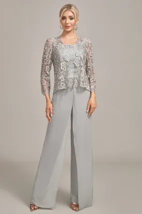 Silver Chiffon Pant and Lace Top Mother of The Bride Wide Pant Suits