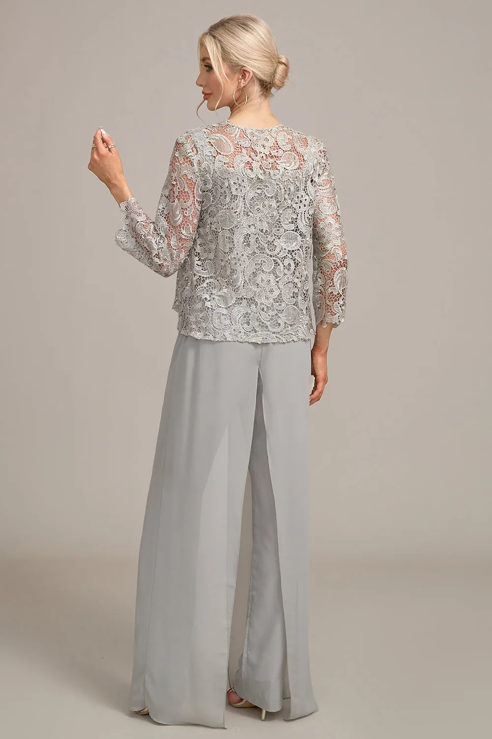 Silver Chiffon Pant and Lace Top Mother of The Bride Wide Pant Suits