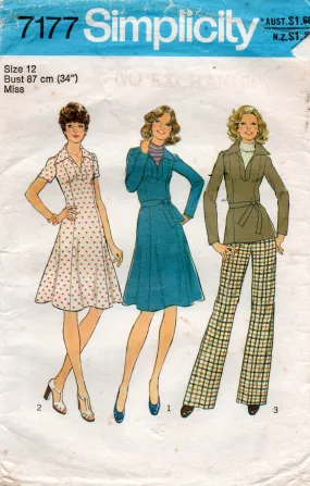 Simplicity 7177 Womens Wide Collar Dress or Top & Pants 1970s Vintage Sewing Pattern Size 12 Bust 34 inches