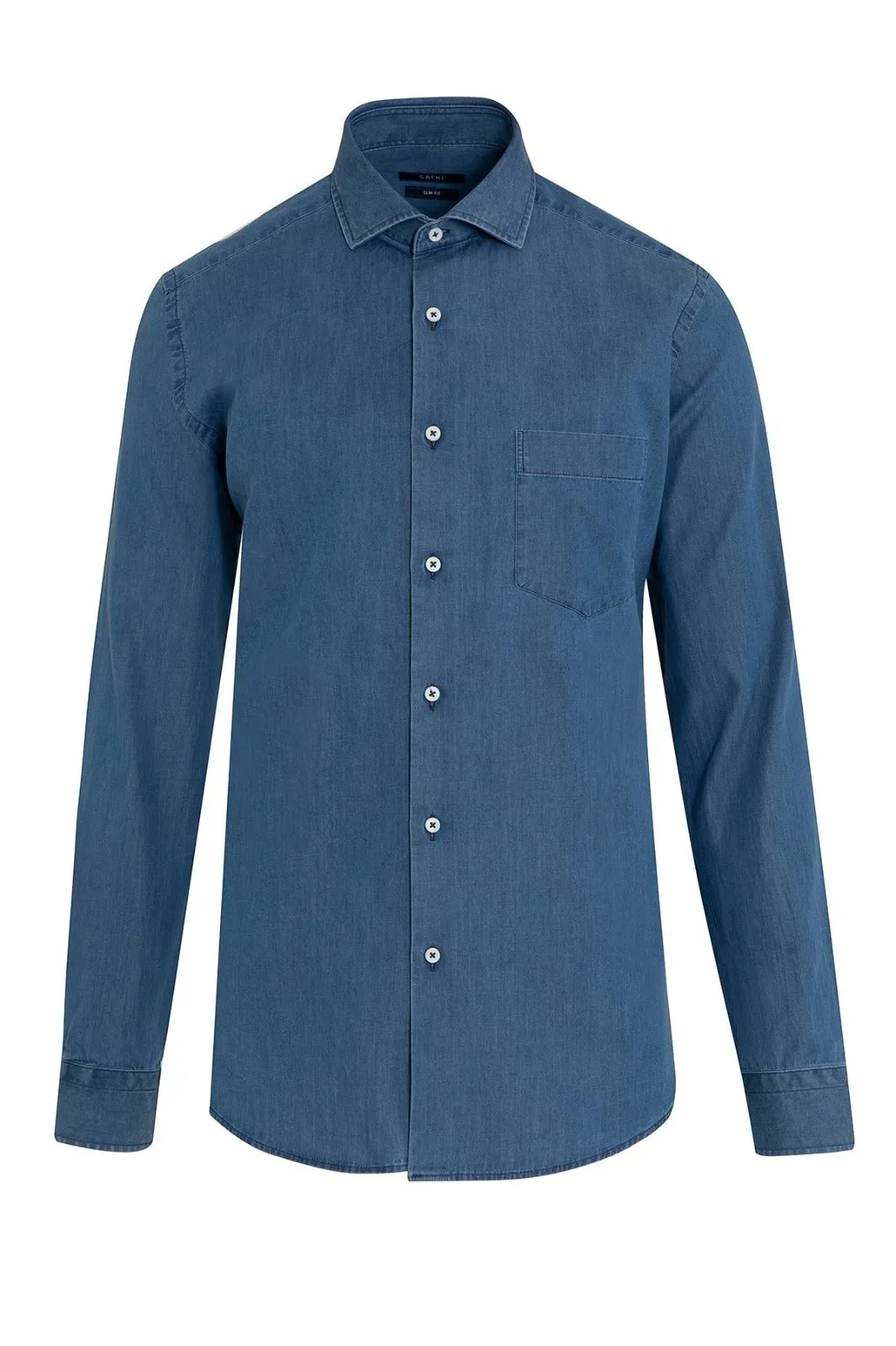 Slim Fit Plain Cotton Indigo Casual Shirt