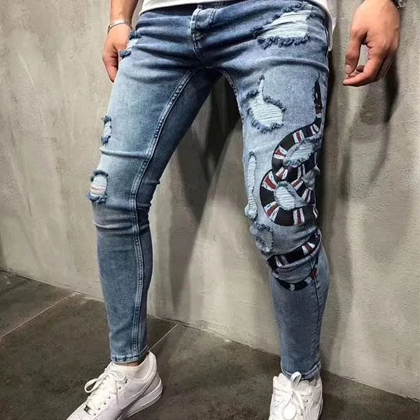 Snake Embroidered Blue Jeans