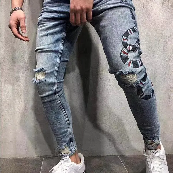 Snake Embroidered Blue Jeans