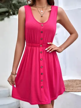 TastyHottie - SOLID COLOR SLEEVELESS VEST BUTTON ROUND NECK DRESS