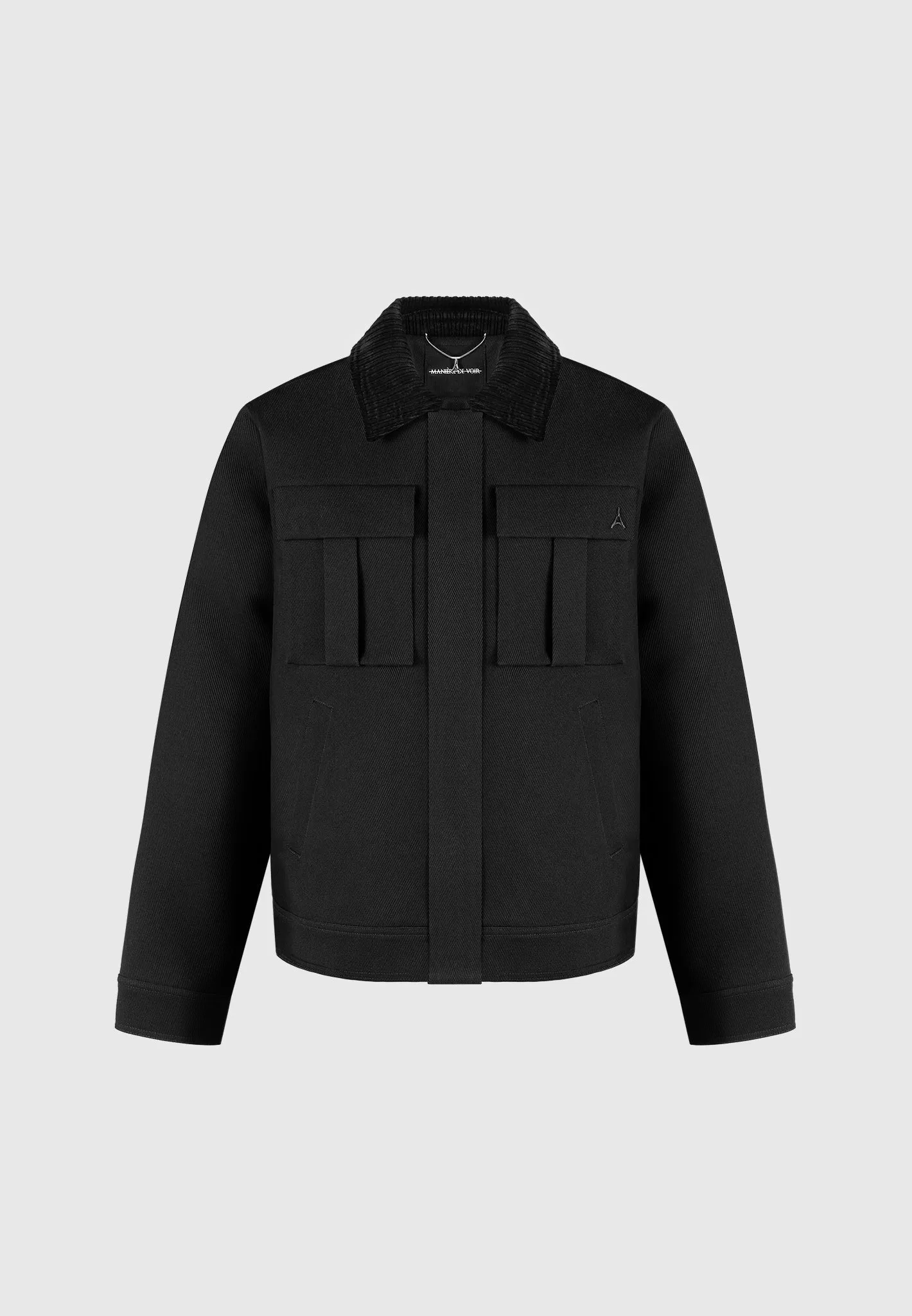 Twill Trucker Jacket with Velvet Collar - Black