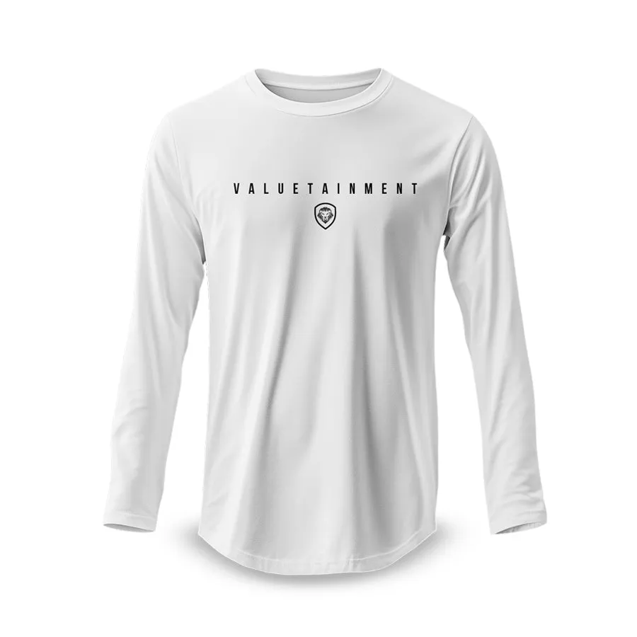 Valuetainment Premium White Curved Hem Long Sleeve T-Shirt