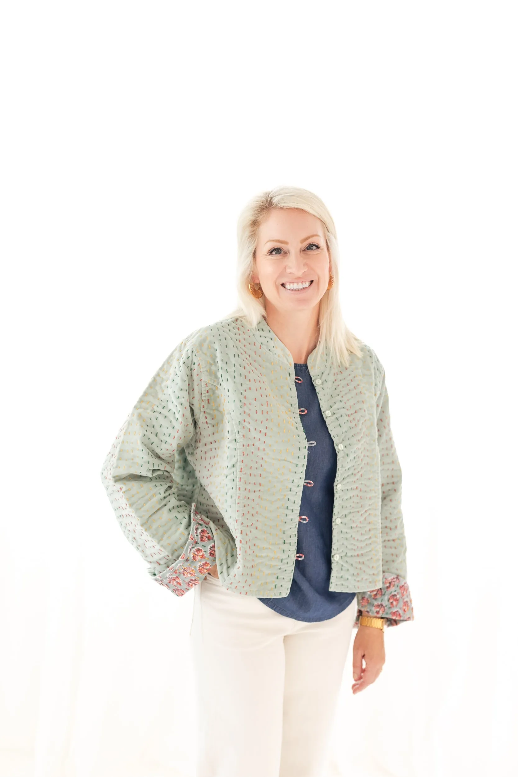 Velvet Mint & Block Print Reversible Kantha Jacket