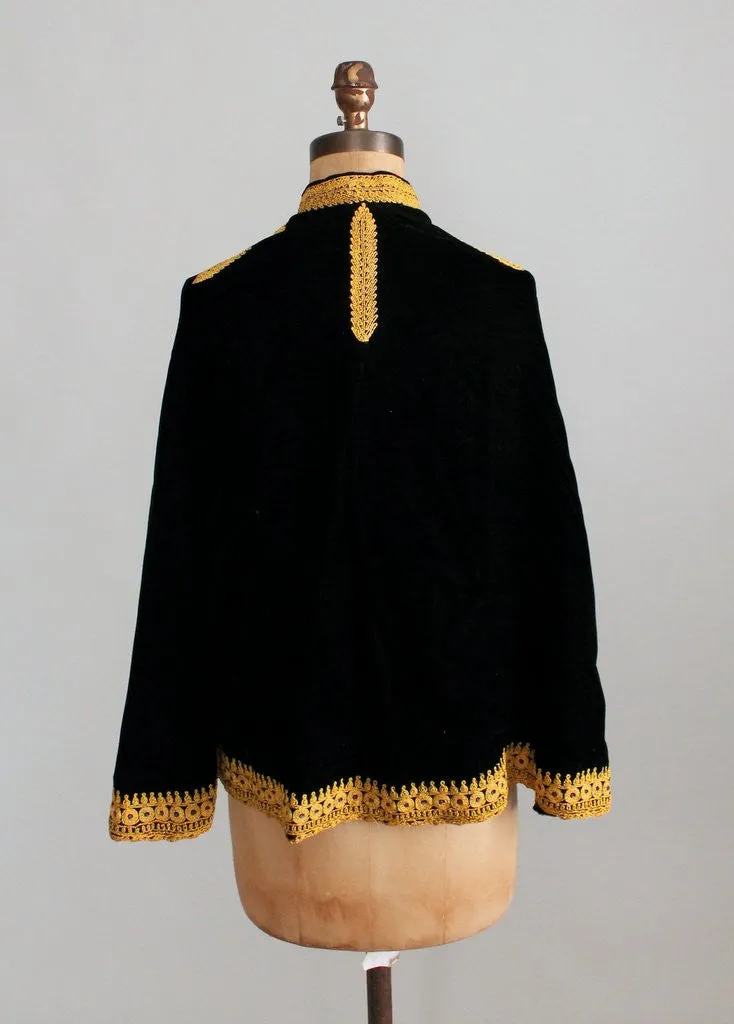 Vintage 1950s Gold Embroidered Black Velvet Cape