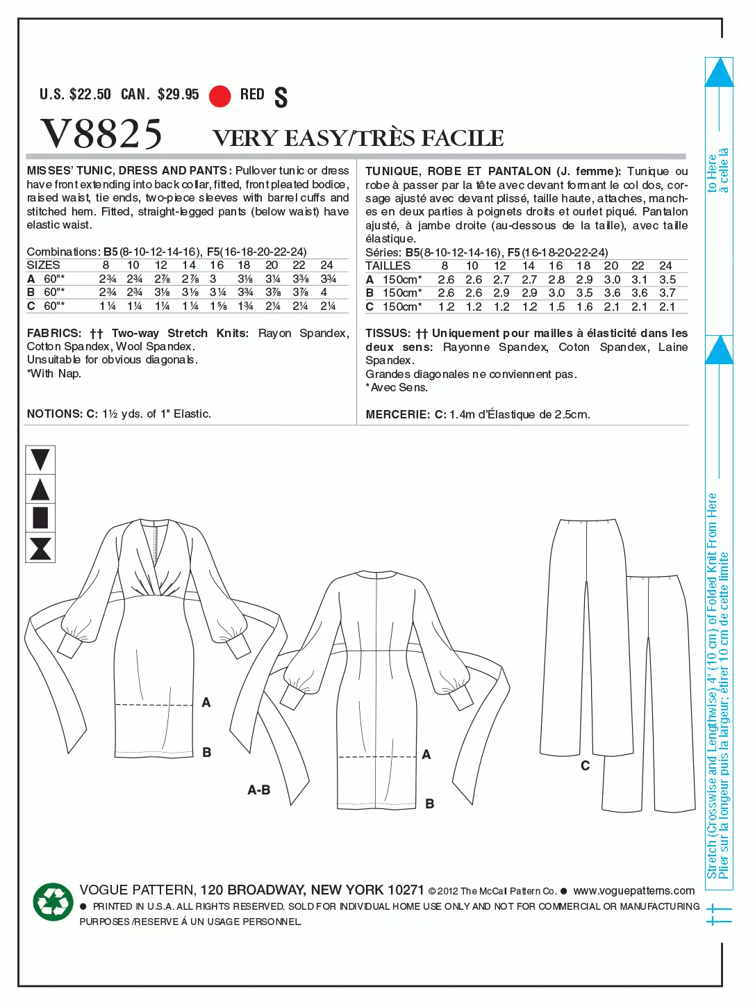 Vogue Pattern V8825 Misses' Tunic, Dress And Pants