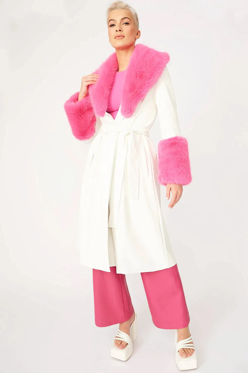 White Pink Faux Leather Trench Coat With Faux Fur Collar And Cuffs