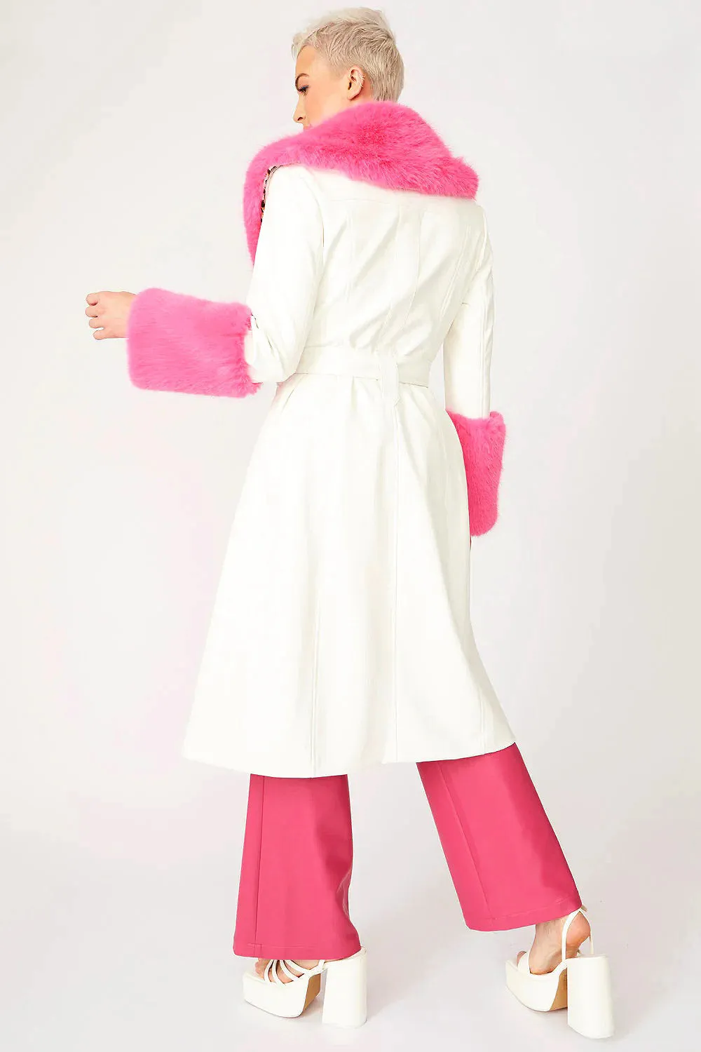 White Pink Faux Leather Trench Coat With Faux Fur Collar And Cuffs