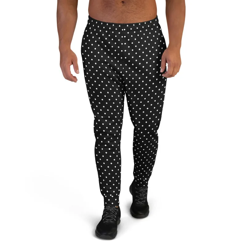 White Polka Dots Men's Joggers, Dots Print Premium Black Pants w/ Pockets-Made in EU