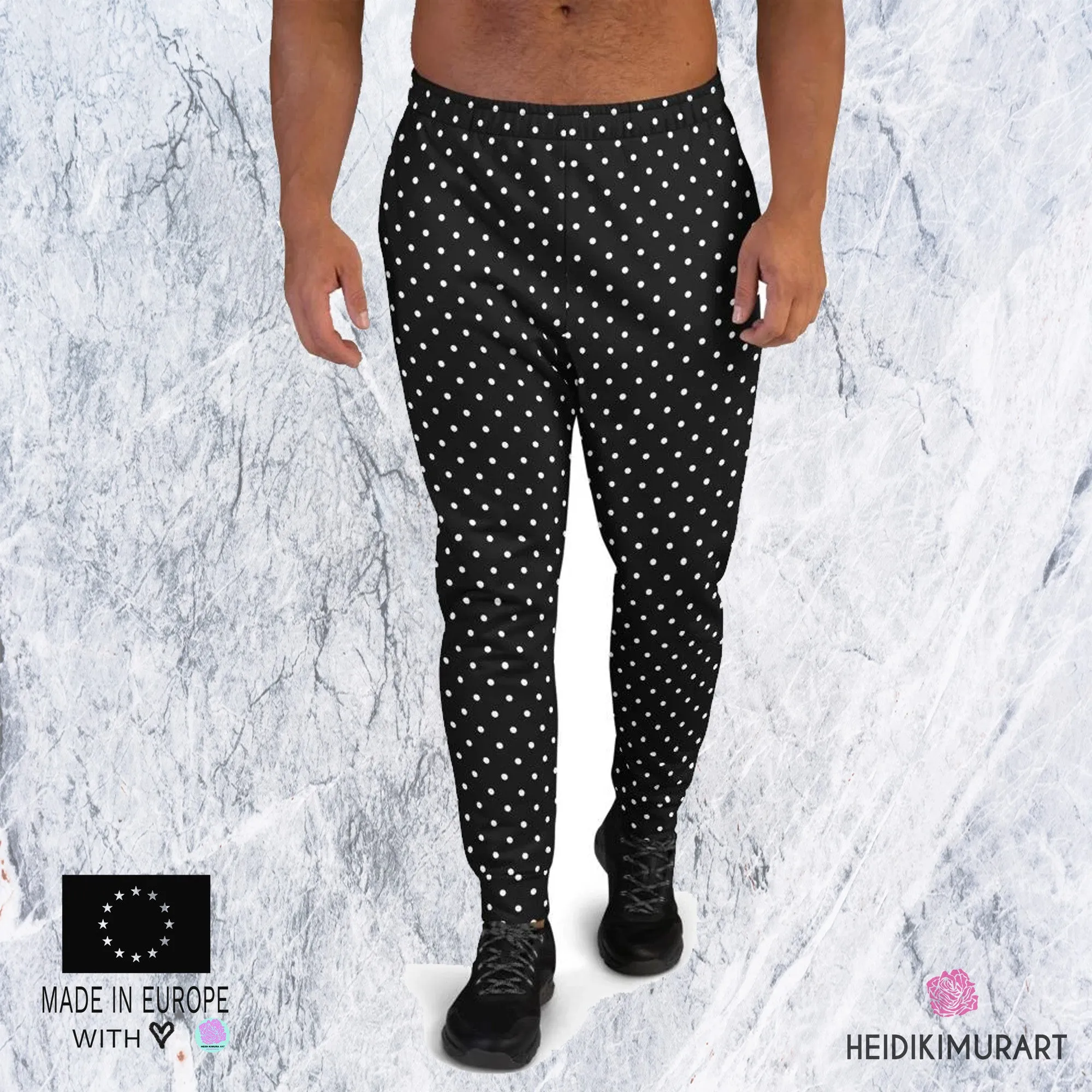 White Polka Dots Men's Joggers, Dots Print Premium Black Pants w/ Pockets-Made in EU