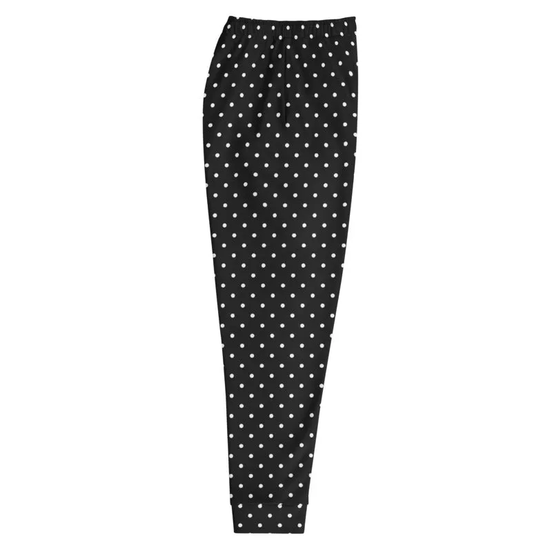 White Polka Dots Men's Joggers, Dots Print Premium Black Pants w/ Pockets-Made in EU