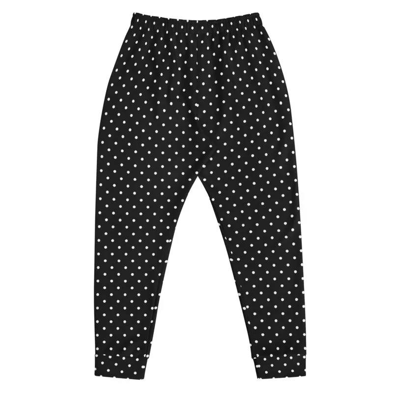 White Polka Dots Men's Joggers, Dots Print Premium Black Pants w/ Pockets-Made in EU