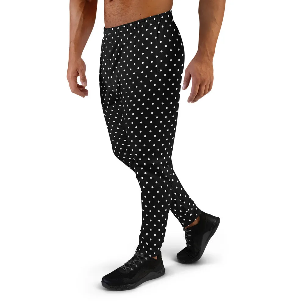 White Polka Dots Men's Joggers, Dots Print Premium Black Pants w/ Pockets-Made in EU