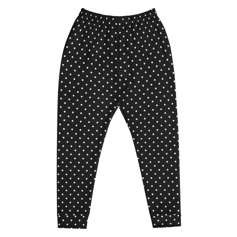 White Polka Dots Men's Joggers, Dots Print Premium Black Pants w/ Pockets-Made in EU