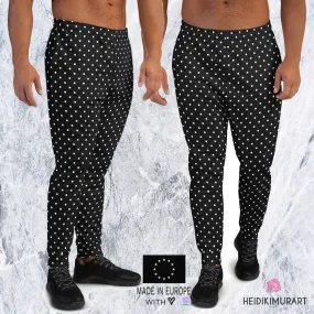 White Polka Dots Men's Joggers, Dots Print Premium Black Pants w/ Pockets-Made in EU