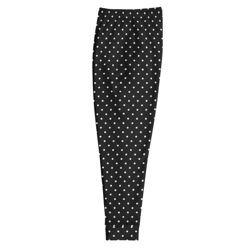 White Polka Dots Men's Joggers, Dots Print Premium Black Pants w/ Pockets-Made in EU