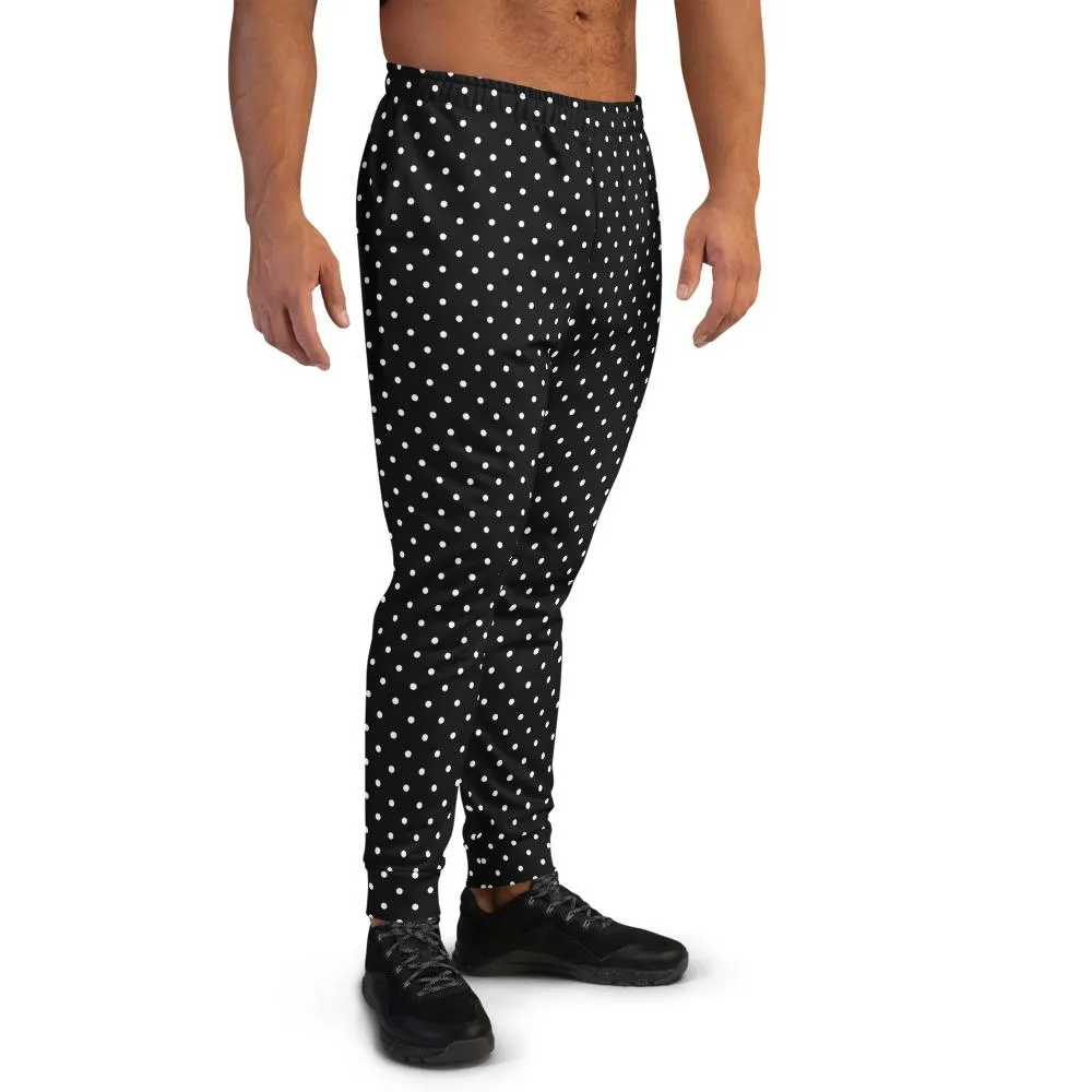 White Polka Dots Men's Joggers, Dots Print Premium Black Pants w/ Pockets-Made in EU