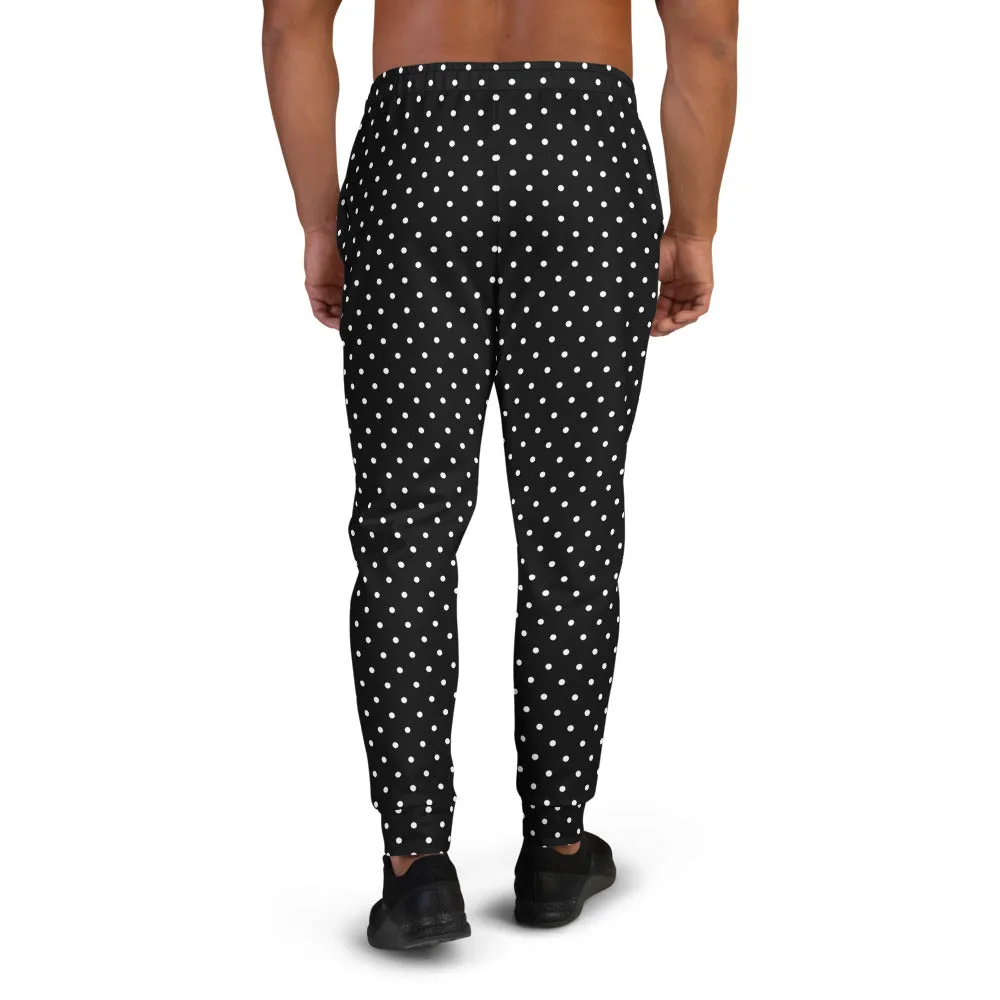 White Polka Dots Men's Joggers, Dots Print Premium Black Pants w/ Pockets-Made in EU